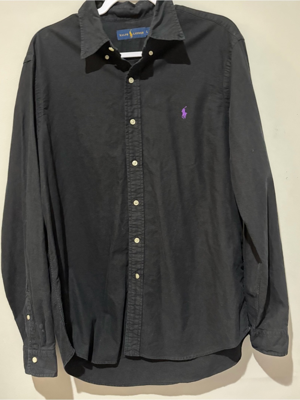 Ralph Lauren Black Button-Down Shirt with Purple Pony Embroidery